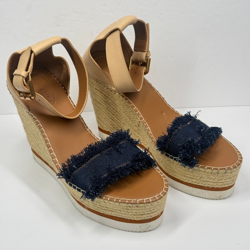 See By Chloé Glyn Fringe Espadrille Wedge Sandals Beige Navy Leather EU 41